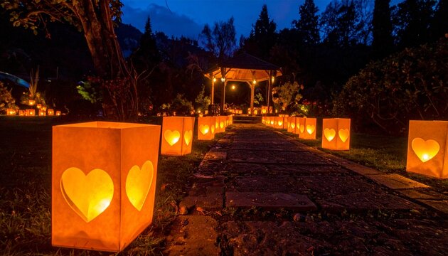 Night garden path with heart luminaries and gazebo