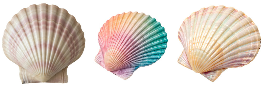 Three colorful scallop seashells isolated on a white background
