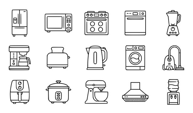 Kitchen and home appliance line icon set with refrigerator oven blender microwave and household equipment symbols