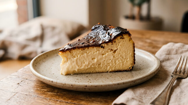 Slice of Basque burnt cheesecake with caramelized top and creamy center on ceramic plate