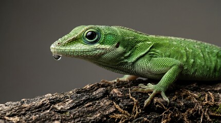 Fototapeta premium Macro shot of green lizard with water droplet on tree bark