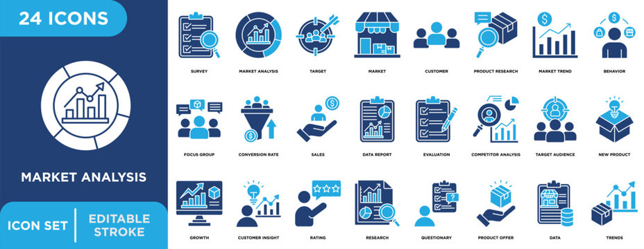 Market analysis solid icon set with editable stroke for marketing growth, target, campaign, branding, promotion, seo, store, creative. Simple flat vector