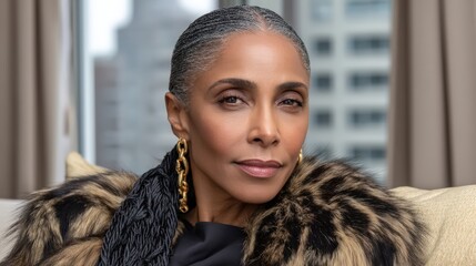 Elegant Mature Woman with Grey Hair and Fur Stole © Preecha