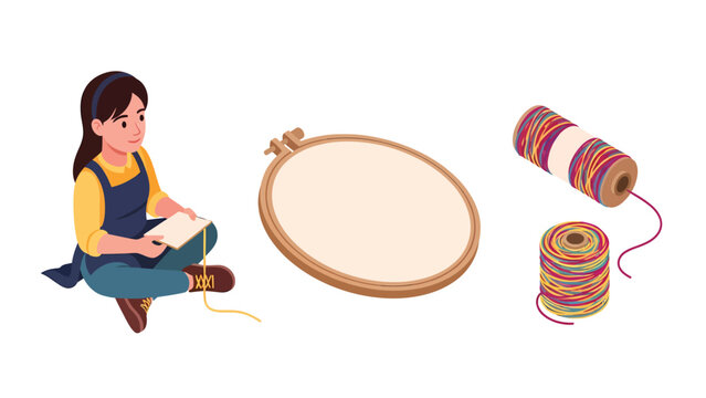Young woman sitting cross-legged, engaged in embroidery with a hoop and colorful threads.