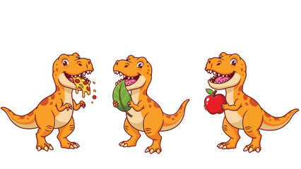 Fototapeta premium Three cartoon dinosaurs happily eating different foods: pizza, a leaf, and an apple.