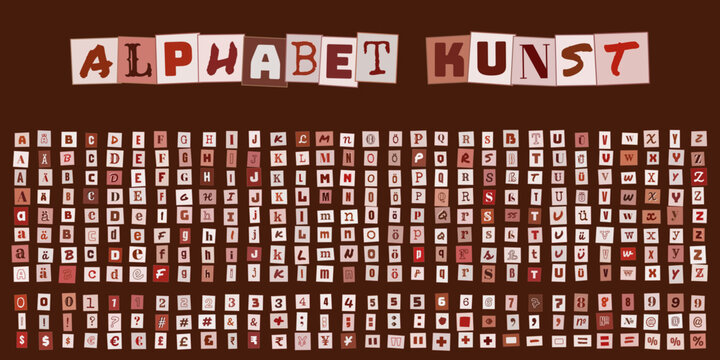 ALPHABET KUNST, Buchstaben und Zahlen im Collage Stil, Erpresserbrief Optik fuer kreative Designs, Typografie Set fuer Grafikprojekte