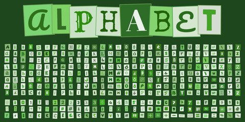 Fototapeta premium ALPHABET Buchstaben und Zahlen Set im Collage Stil fuer kreative Designs und Typografie Projekte auf gruenem Hintergrund