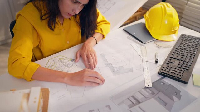 Young Hispanic woman architect sitting at her desk working in an office. 