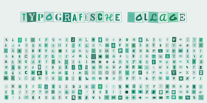 Typografische Collage mit Buchstaben und Zahlen im Stil von ausgeschnittenen Zeitungsbuchstaben fuer kreative Designprojekte und Layouts