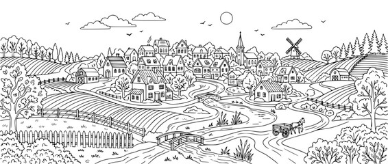 Fototapeta premium Hand-Drawn Village Landscape with Houses Fields and Windmill Coloring Page