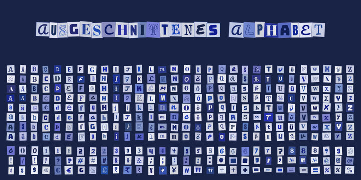 Ausgeschnittenes Alphabet im Erpresserbrief Stil, Buchstaben und Zahlen als Collage, kreative Typografie f&uuml;r Designprojekte und Grafiken
