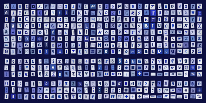 Buchstaben und Zahlen im Erpresserbrief Stil, ausgeschnittene Zeichen fuer kreative Collagen, Typografie Designelemente fuer Plakate