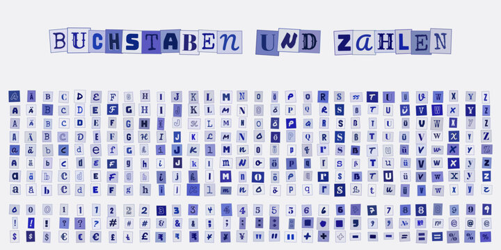 BUCHSTABEN UND ZAHLEN, Alphabet und Ziffern im Erpresserbrief Stil, ausgeschnittene Buchstaben Collage fuer kreative Typografie Designs
