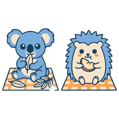 Obraz premium Cute Cartoon Koala Eating Leaves and Hedgehog on Picnic Mat Vector Illustration 