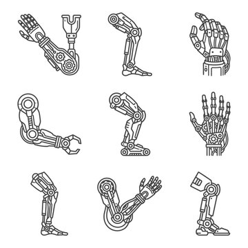 A collection of robotic limb designs featuring prosthetic hand and bionic leg icons for cybernetic prosthesis and futuristic medical engineering
