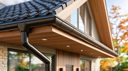 Fototapeta premium Sleek Residential Gutter Installation Enhancing Modern Home Exterior Design with Natural Surroundings