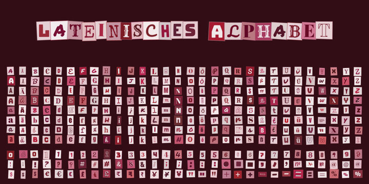 Lateinisches Alphabet im Erpresserbrief Stil, ausgeschnittene Buchstaben und Zahlen fuer kreative Collagen und typografische Designs