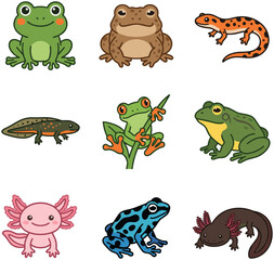 Obraz premium Collection of various colorful amphibian cartoon characters including frogs and axolotls.