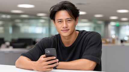 Fototapeta premium Portrait of a Young Asian Man Using a Smartphone in an Office