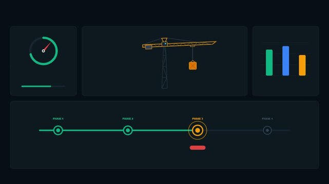 Construction project management dashboard animation with a crane lifting a load, a phase timeline, data bar charts, and circular gauge on a professional dark interface.
