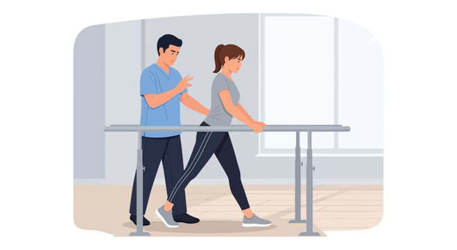 Physical therapist assisting patient walking with parallel bars, rehabilitation exercise
