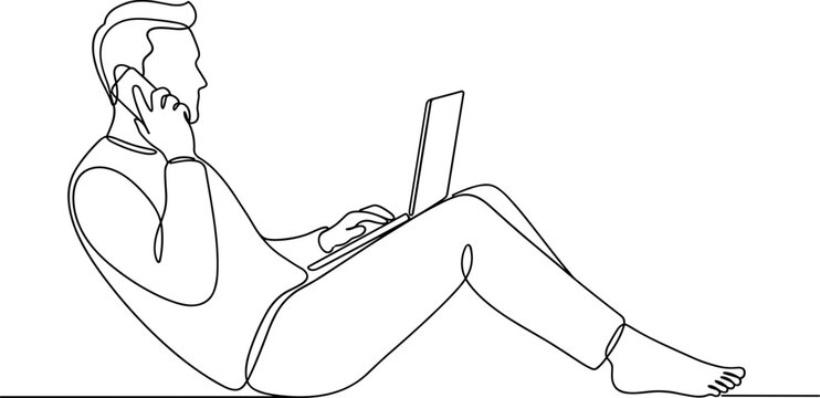 Continuous line drawing of a young man multitasking with a laptop and phone.