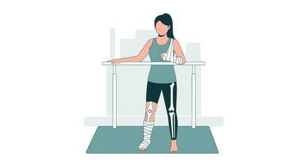 Fototapeta premium Woman with broken arm and leg in rehabilitation, using parallel bars