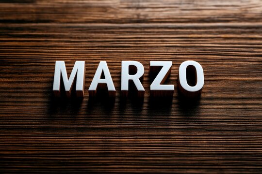Marzo month name resting on textured dark wood in a sharp focus macro shot for spanish language calendar and schedule marketing