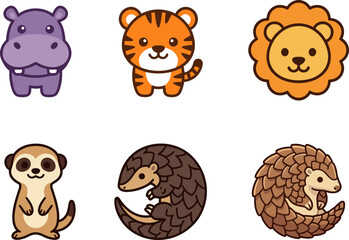 Obraz premium Set of cute cartoon wild animals icons including hippo tiger lion meerkat and pangolin.