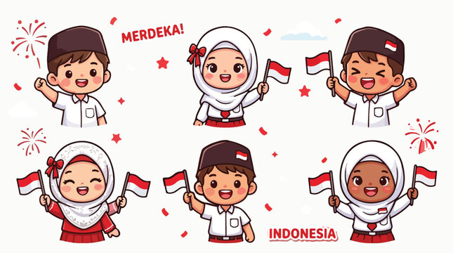 Collection of happy Indonesian kids cartoon characters in uniforms waving red and white flags for August 17th celebration isolated elements