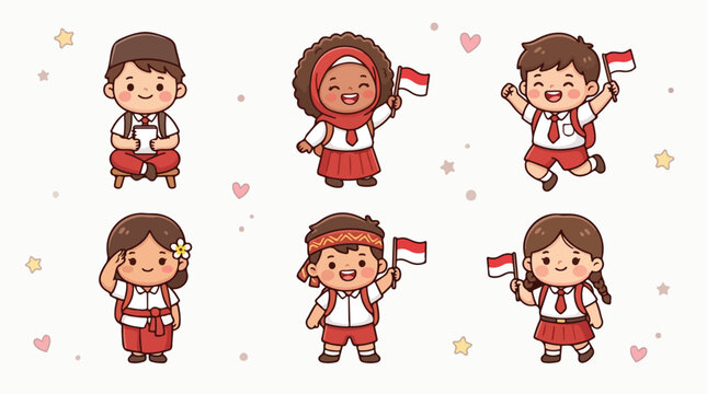 Collection of diverse Indonesian school kids cartoon characters in red and white uniform waving flags for August 17th celebration
