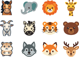 Obraz premium Set of cute animal faces including horse elephant lion and more.