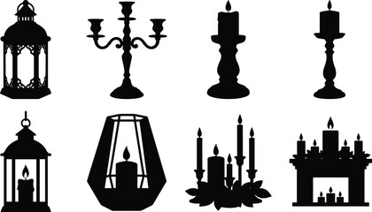 Obraz premium Candle and lantern silhouette set with candelabra vintage holders and decorative lighting elements