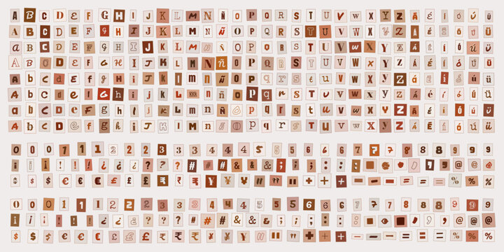 Letras y numeros estilo nota de rescate, conjunto de recortes de papel para diseno grafico, tipografia vintage para collage y proyectos creativos
