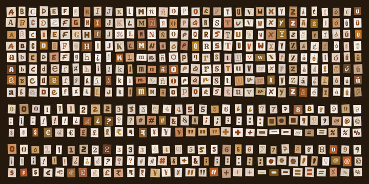 Letras y numeros estilo nota de rescate, conjunto de recortes de papel tipograficos para diseno grafico, collage de caracteres y simbolos