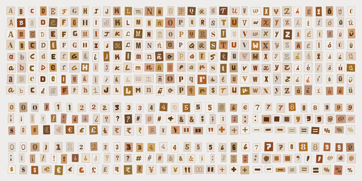 Letras y numeros estilo nota de rescate, conjunto de caracteres recortados de revistas para diseno grafico creativo y tipografia
