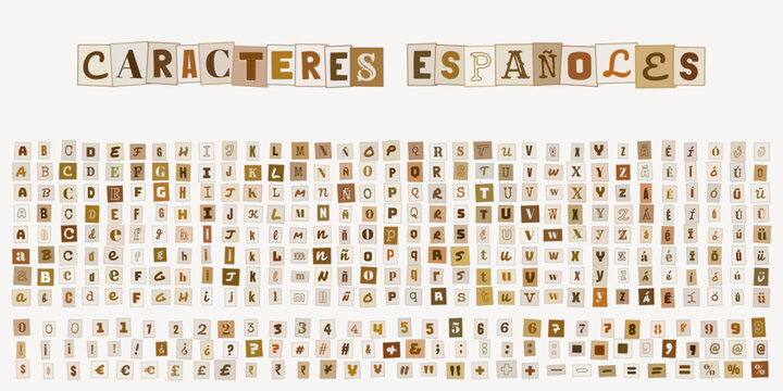 Caracteres espa&ntilde;oles, abecedario tipografico estilo collage para diseno grafico, letras y numeros recortados de revistas para composicion