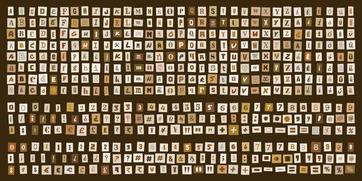 Letras y numeros estilo nota de rescate, conjunto de recortes de papel tipograficos para diseno grafico y composicion de mensajes anonimos