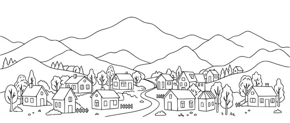Fototapeta premium Panoramic Line Art Illustration of a Peaceful Village in the Mountains