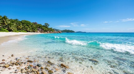 Obraz premium Waves gently crash on a serene tropical beach with clear waters and lush greenery