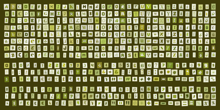 Alfabeto de letras y numeros estilo recorte de revista, conjunto de caracteres tipograficos verdes para diseno grafico y collage