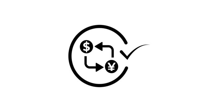 Currency exchange animation: dollar to yen conversion with checkmark approval money transfer financial transaction