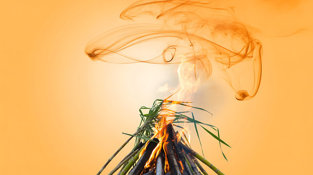 Burning bundle of dried grass with rising smoke against a warm orange background