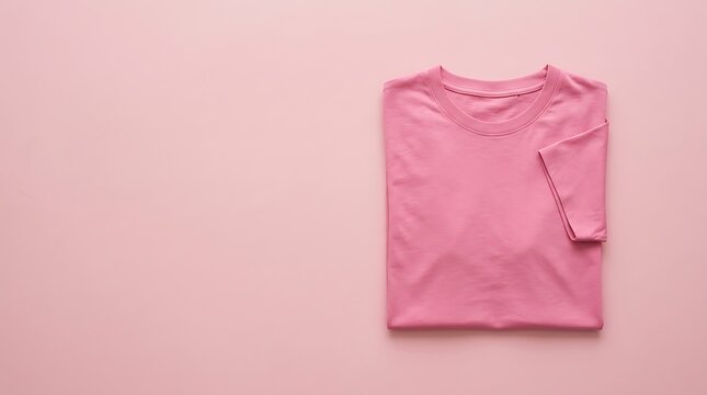Folded pink cotton tshirt on pink background with copy space
