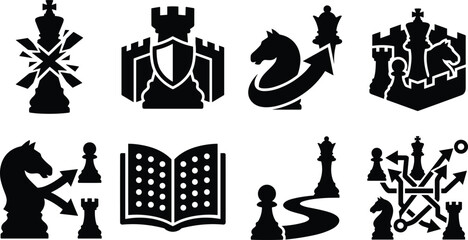Chess Strategy Silhouette Collection with Tactical Symbols and Game Planning Icons © MdTanvir