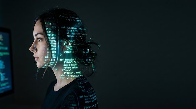 Female programmer with digital code projected on her face and hair