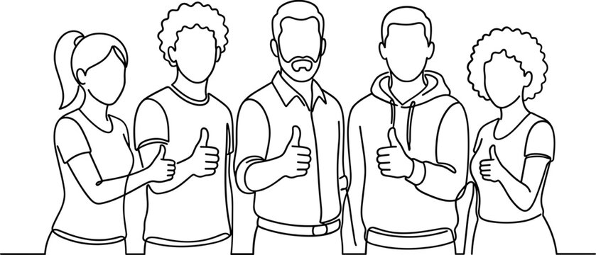 Diverse group of happy people showing thumbs up gesture line art.