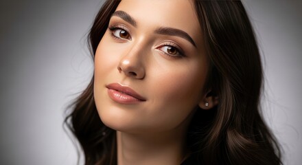 Naklejka premium Beautiful young woman with elegant makeup and dark wavy hair portrait in studio setting.