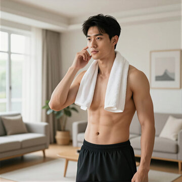 Handsome shirtless asian sportsman standing with white towel around his neck after home fitness workout, male personal care and wellness concept