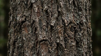 Obraz premium Close-up view of deeply textured, rough tree bark against a blurred background.